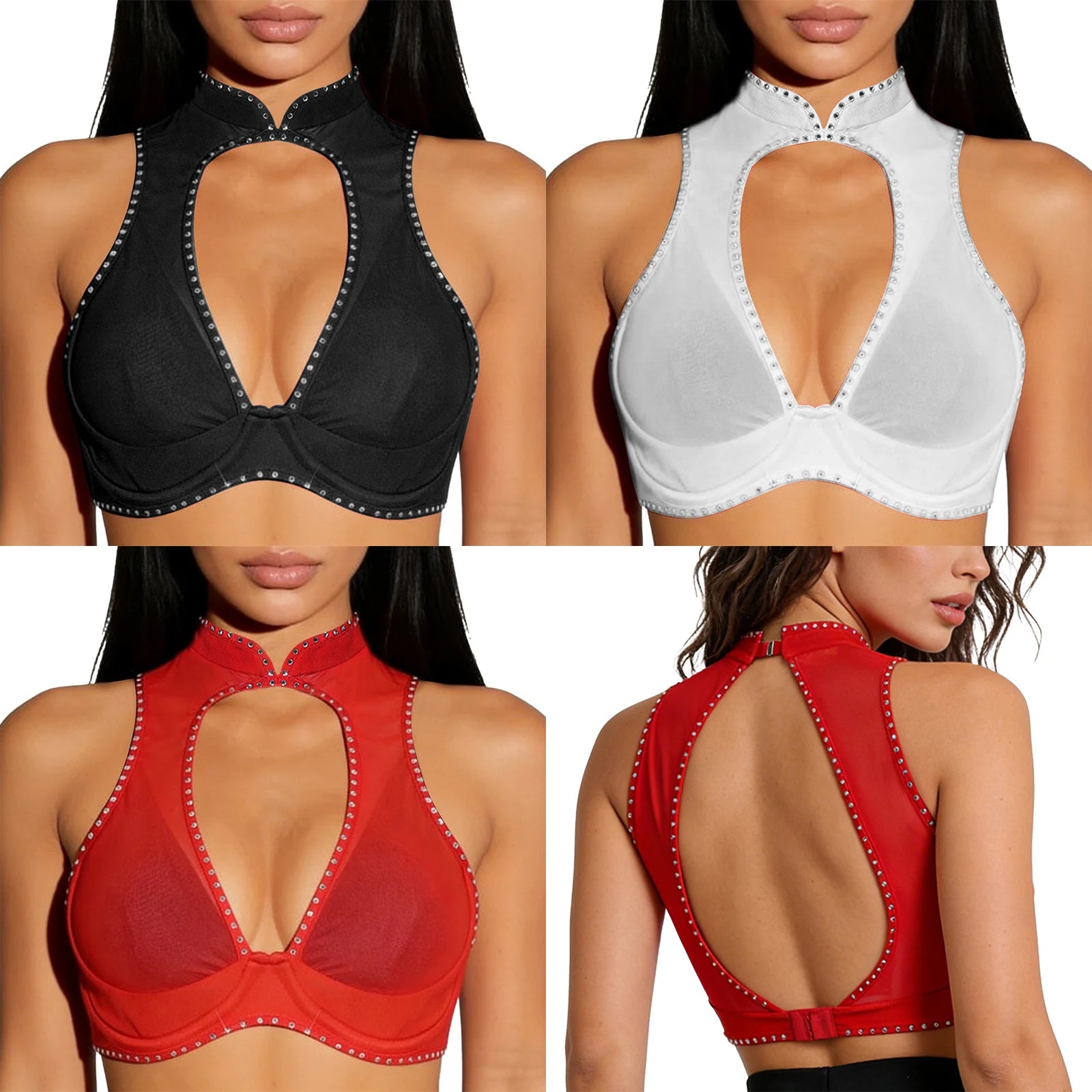 Women Sheer Mesh Cups Bras Corset Crop Top Push-up Underwire Cutout Rhinestone Bustier Lingerie Nightwear Rave Nightclub Costume