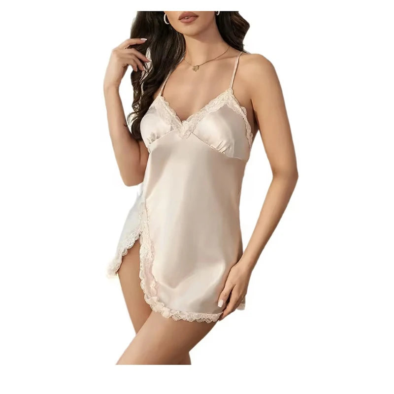 New Style Luxury Nightgown Women Sleep Wear Lace Satin Nightdress Deep V Backless Nightgowns Halter Silk Sleepshirts Night Dress