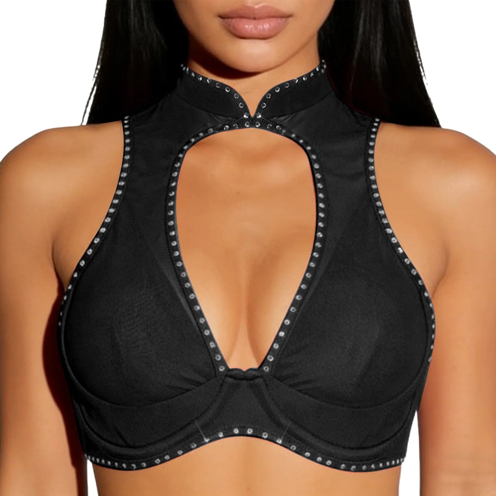 Women Sheer Mesh Cups Bras Corset Crop Top Push-up Underwire Cutout Rhinestone Bustier Lingerie Nightwear Rave Nightclub Costume