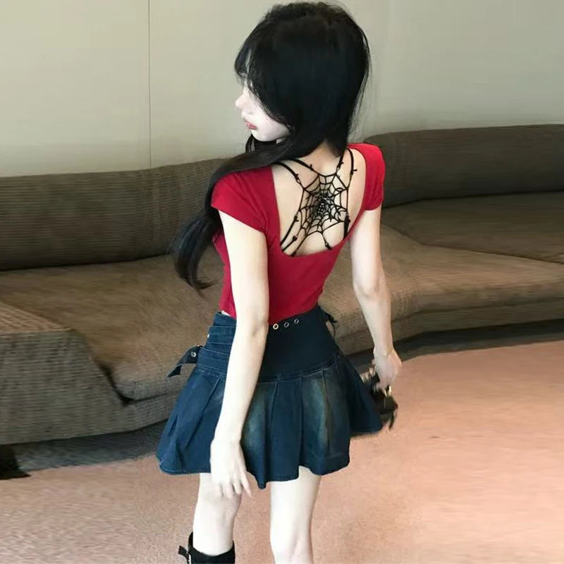 Fashion Back Steel Ring Spicy Bra Girls Women Hanging Neck Front Button Spider Web Exposed Back Crossed Thin Straps Gathered Bra