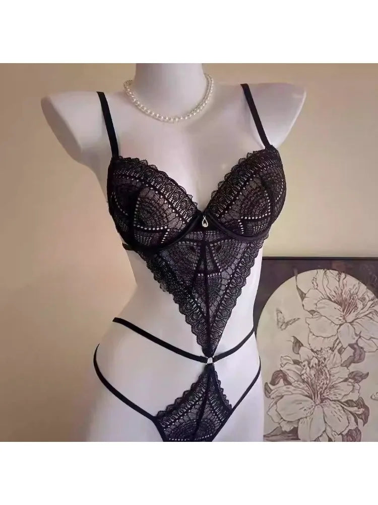 French Style Lingerie Set Halter Lace One Piece Bra Small Breast Push Up Gathering Shaping Underwear For Women S-XL Party onesie