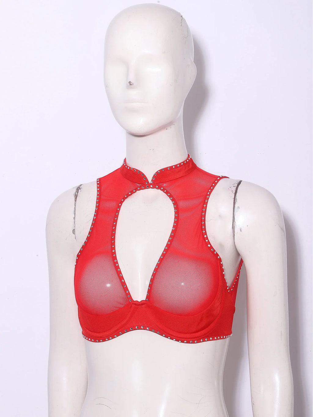 Women Sheer Mesh Cups Bras Corset Crop Top Push-up Underwire Cutout Rhinestone Bustier Lingerie Nightwear Rave Nightclub Costume
