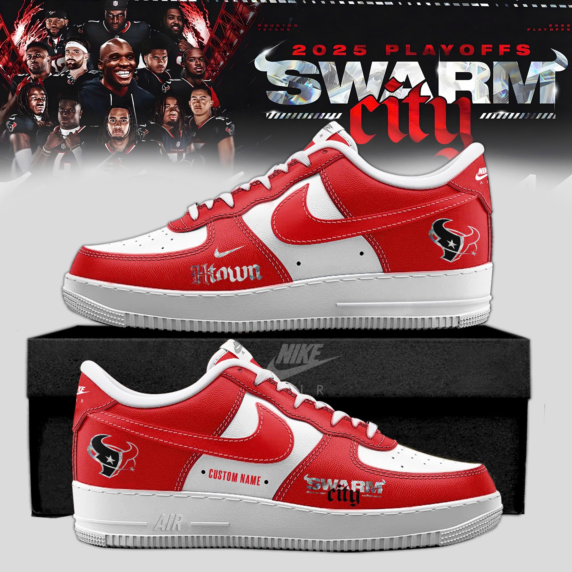 .Houston Texans 2025 NFL Playoffs S.W.A.R.M. City Special Edition Red AF1 Sneakers